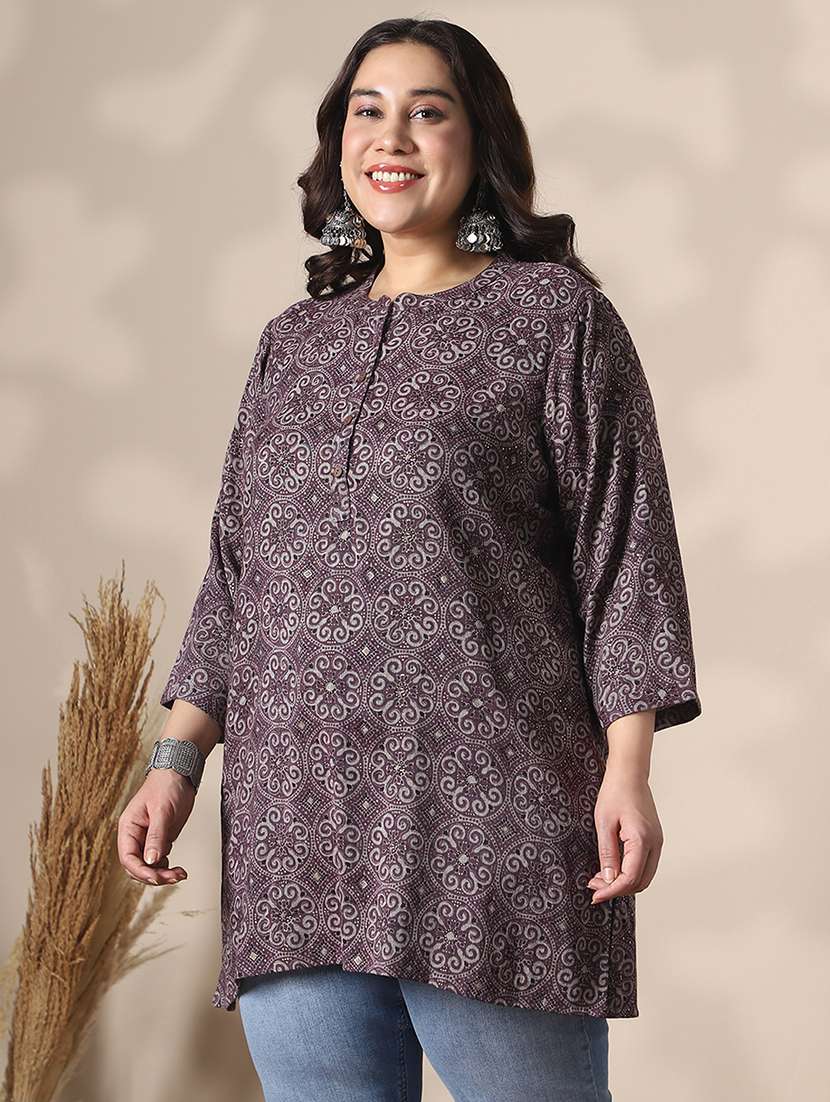 globus gloplus women brown mandarin collar ethnic print button detail plus size tunic - 22141388 -  Standard Image - 1