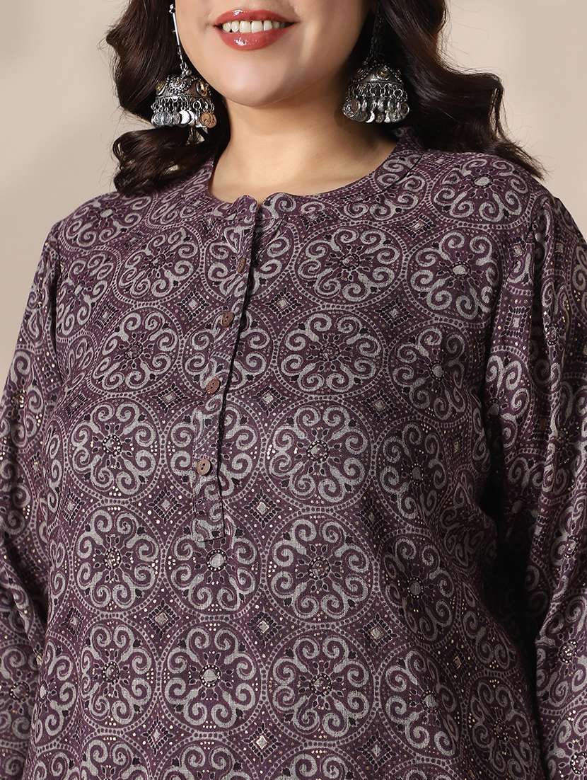 globus gloplus women brown mandarin collar ethnic print button detail plus size tunic - 22141388 -  Standard Image - 4