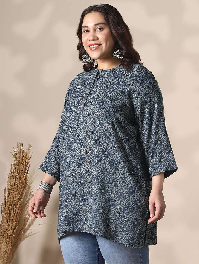 globus gloplus women blue mandarin collar ethnic print button detail plus size tunic - 22141389 -  Standard Image - 1
