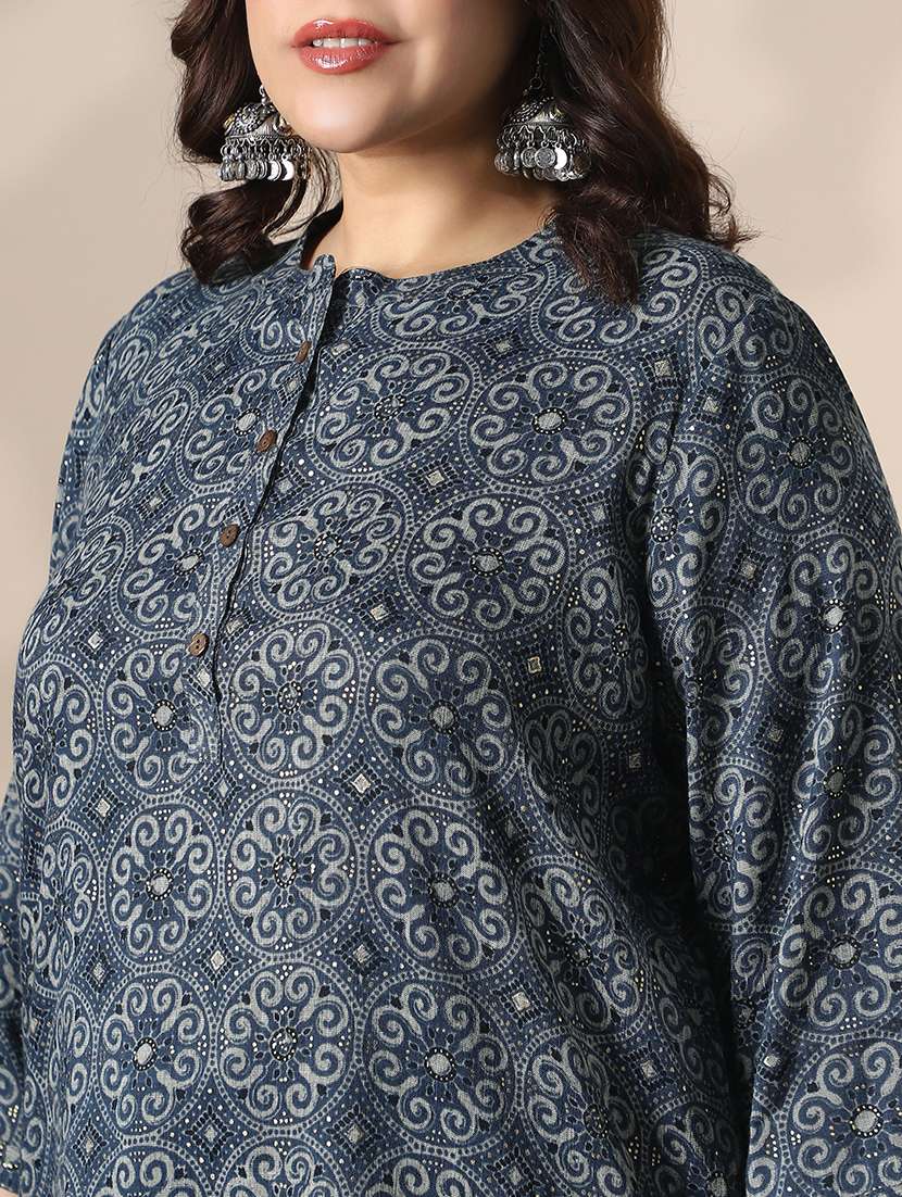globus gloplus women blue mandarin collar ethnic print button detail plus size tunic - 22141389 -  Standard Image - 4