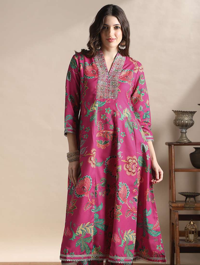globus women pink zari embroidered v-neck floral print pannelled anarkali kurta with pants festive set - 22141392 -  Standard Image - 1