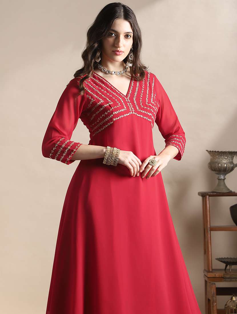globus women red v-neck floral zari embroiderd yoke georgette a-line kurta with sharara festive set - 22141393 -  Standard Image - 1