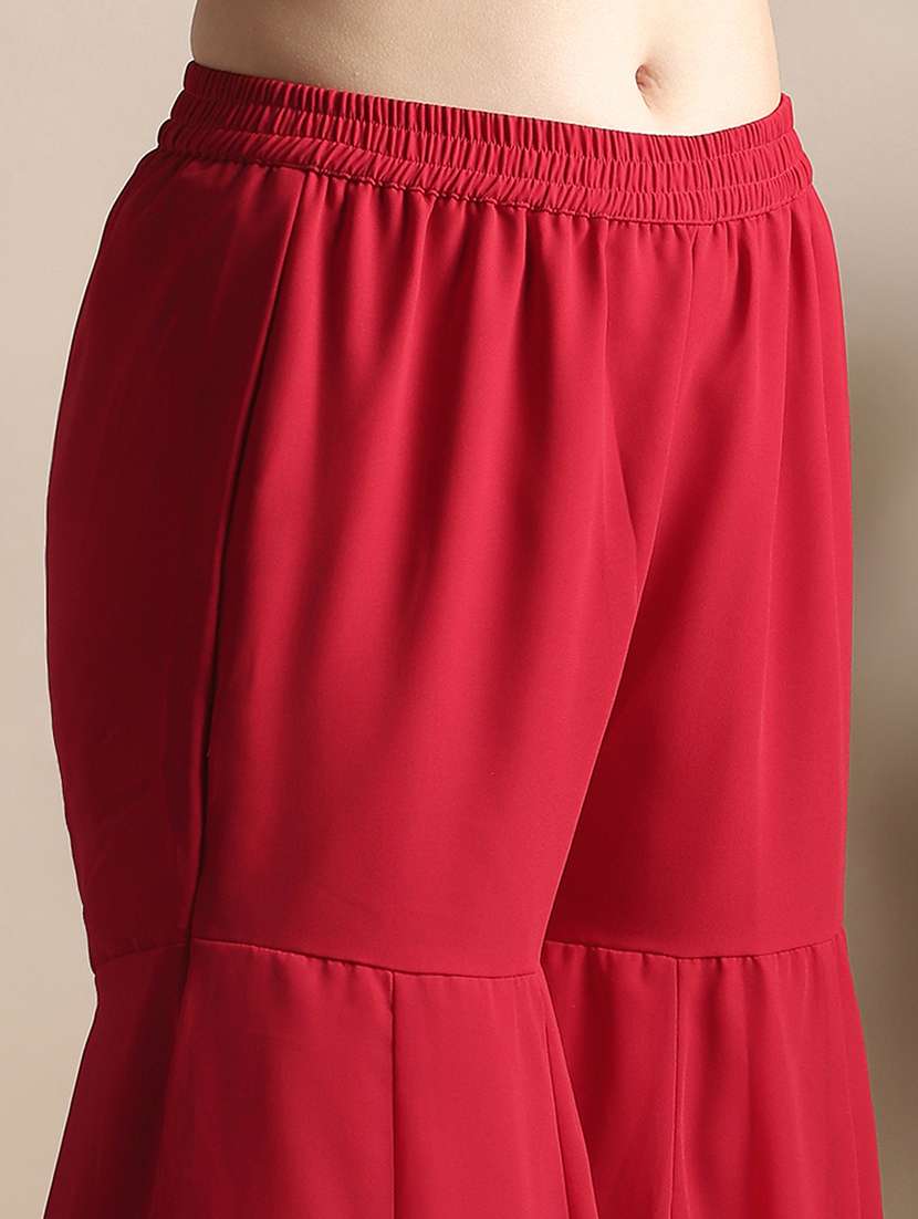 globus women red v-neck floral zari embroiderd yoke georgette a-line kurta with sharara festive set - 22141393 -  Standard Image - 4