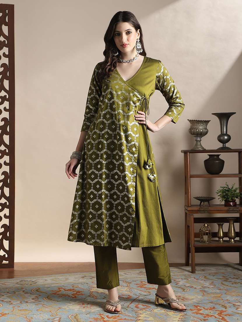 globus women olive v-neck floral foil print angrakha a-line kurta with pants festive set