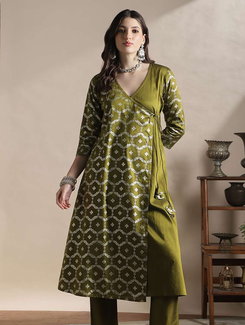 globus women olive v-neck floral foil print angrakha a-line kurta with pants festive set - 22141394 -  Standard Image - 1