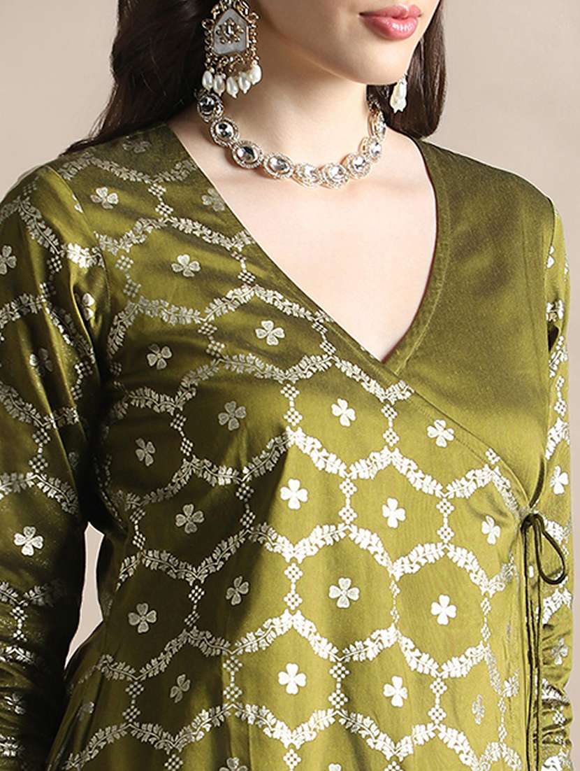 globus women olive v-neck floral foil print angrakha a-line kurta with pants festive set - 22141394 -  Standard Image - 4