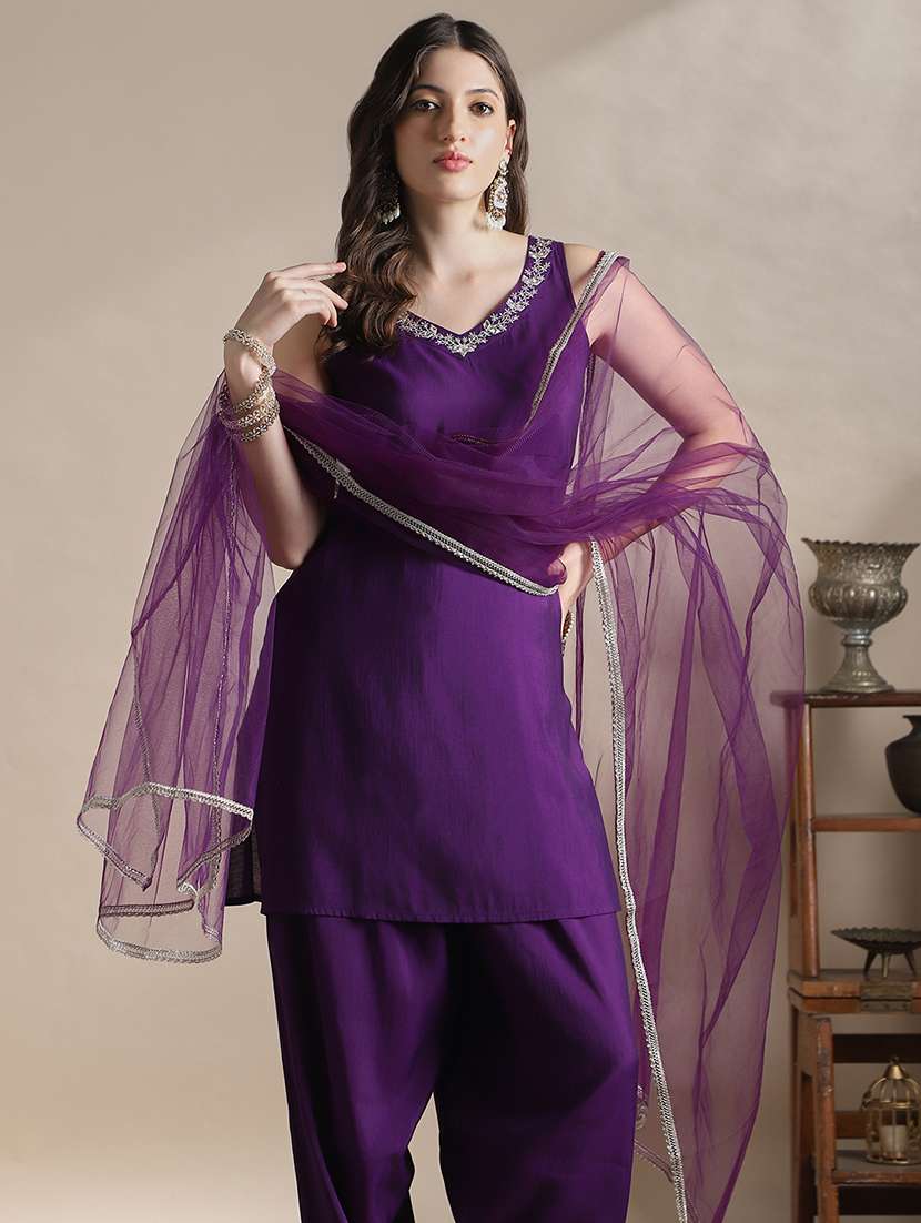 globus women purple zari embroidered v-neck sleeveless a-line kurti with wide leg pants & tapping dupatta festive set - 22141396 -  Standard Image - 1