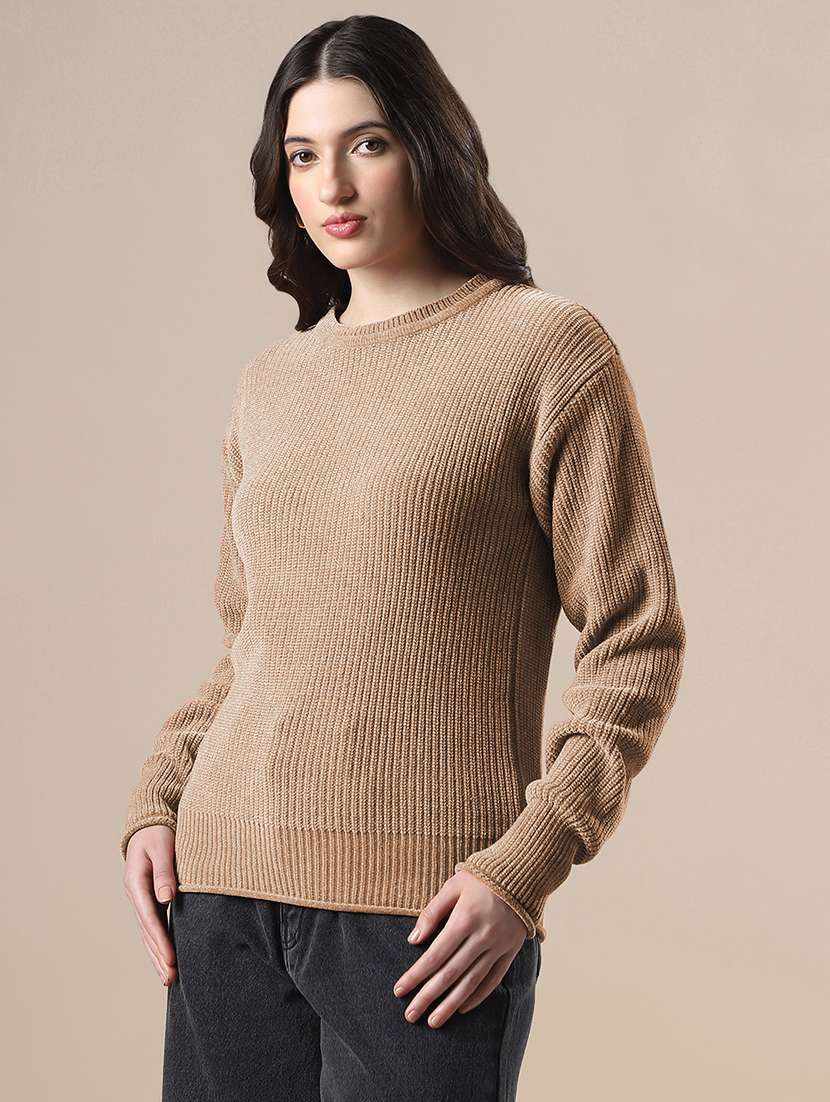 globs women brown self design round neck drop shoulder long sleeves acrylic knitted pullover sweater  - 22141400 -  Standard Image - 1
