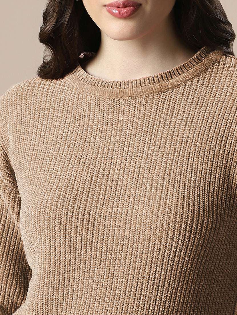 globs women brown self design round neck drop shoulder long sleeves acrylic knitted pullover sweater  - 22141400 -  Standard Image - 4