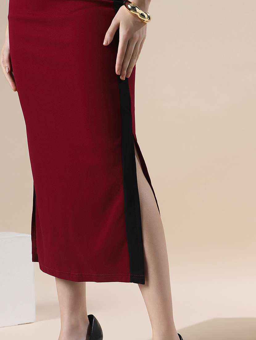 globus women maroon colorblock high neck sleeveless formal maxi bodycon dress - 22141401 -  Standard Image - 4