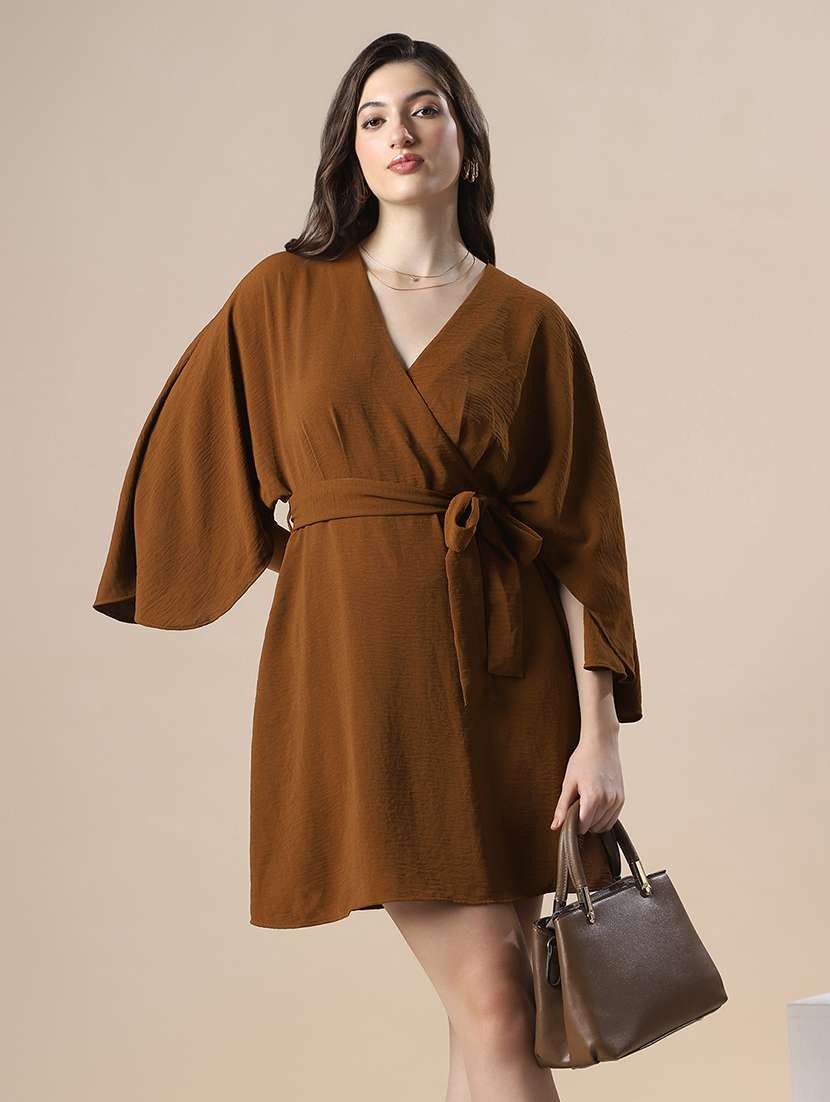 globus women brown wrap v-neck flares sleeve waist tie-up mini dress