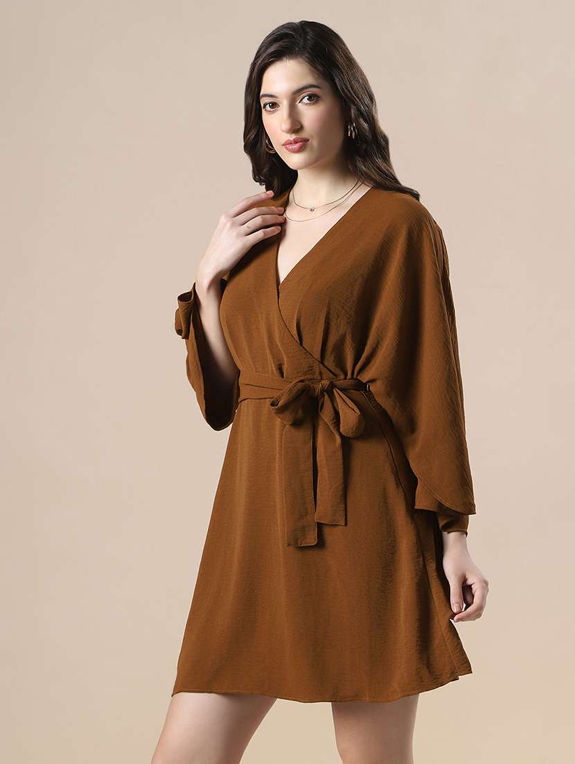 globus women brown wrap v-neck flares sleeve waist tie-up mini dress - 22141404 -  Standard Image - 1