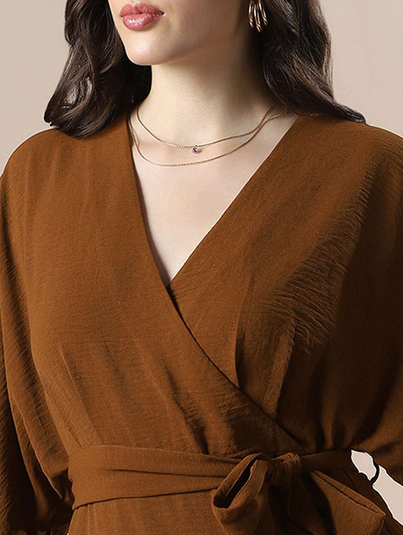 globus women brown wrap v-neck flares sleeve waist tie-up mini dress - 22141404 -  Standard Image - 4