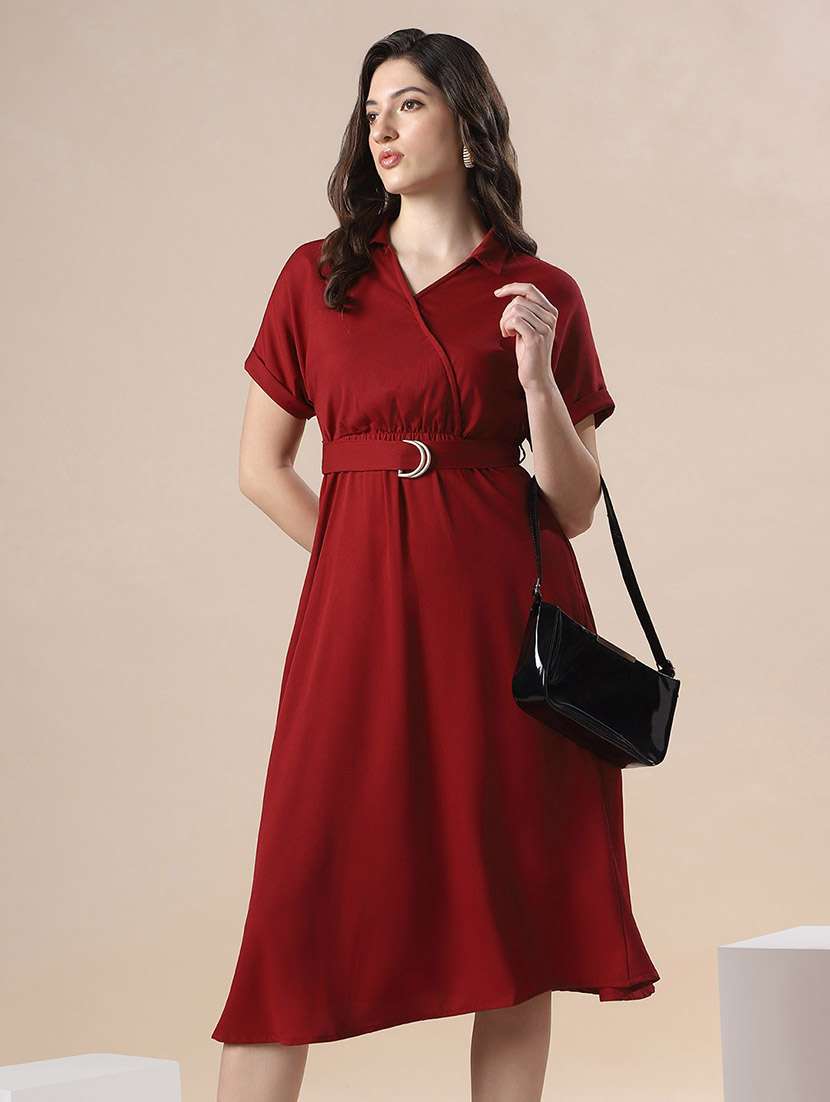 globus women maroon v-neck extended sleeve belted detail fit & flare work wear midi dress - 22141407 -  Standard Image - 1