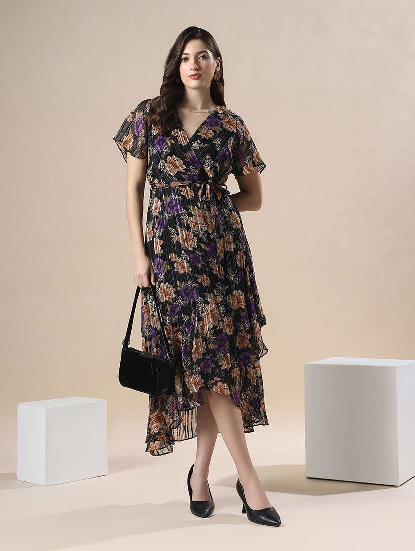 globus women black floral print wrap v-neck flare short sleeve waist belted tie-ups fit & flare asymmetric hem midi dress - 22141409 -  Standard Image - 1