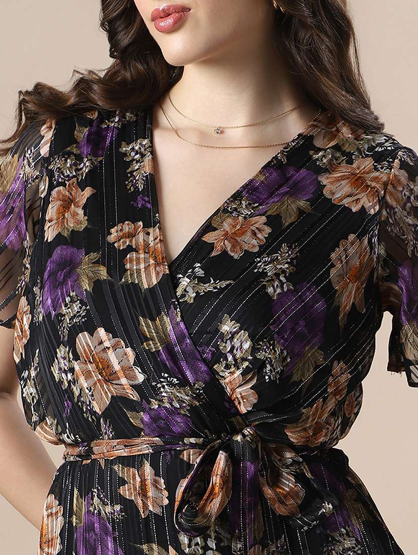 globus women black floral print wrap v-neck flare short sleeve waist belted tie-ups fit & flare asymmetric hem midi dress - 22141409 -  Standard Image - 4