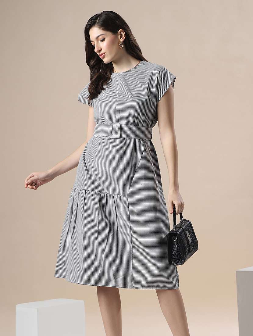 women striped short sleeve belted dress - 22141410 - Zoom Image - 0