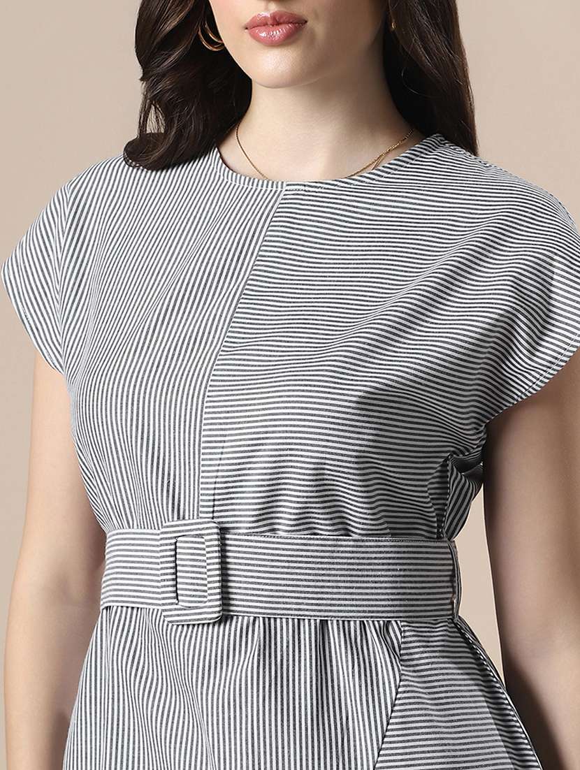 women striped short sleeve belted dress - 22141410 - Standard Image - 4