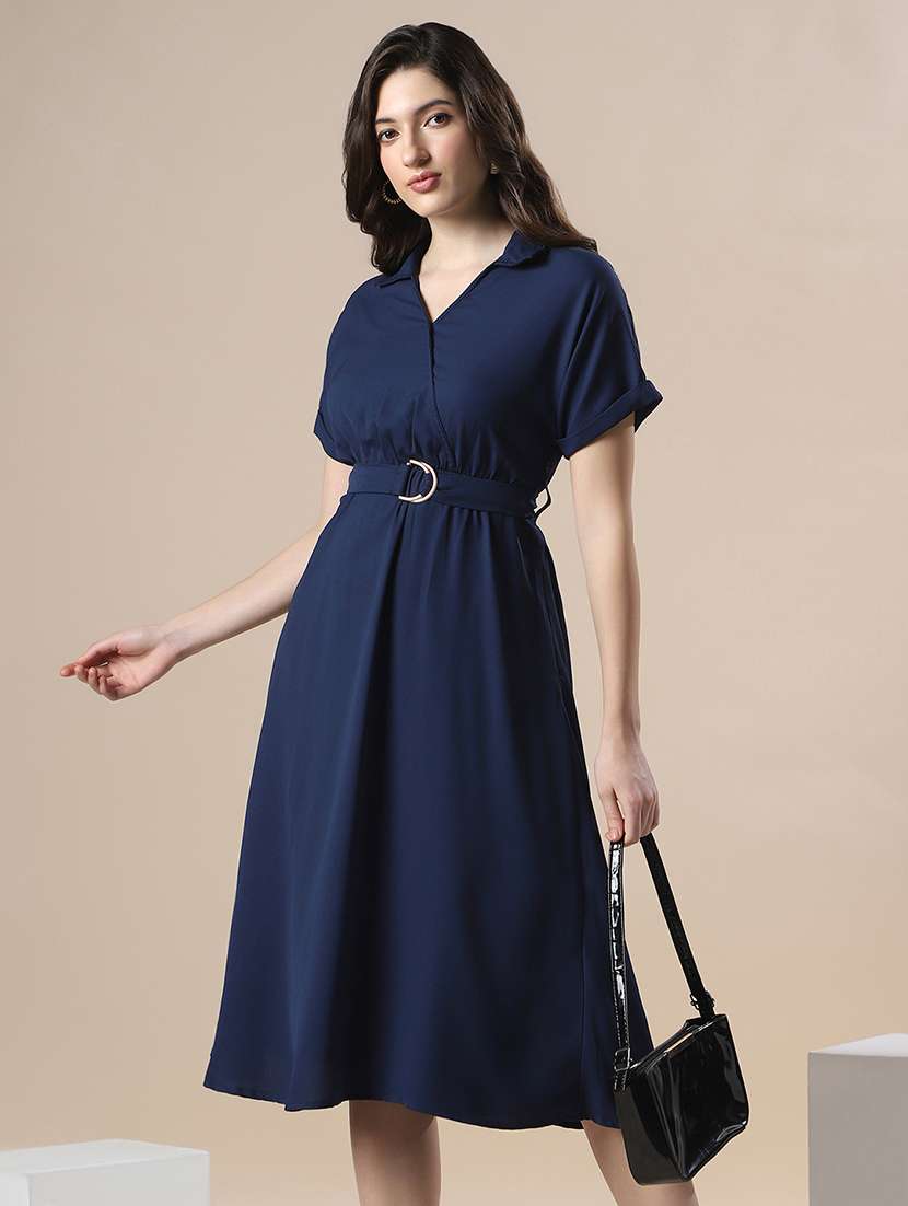 globus women navy v-neck extended sleeve belted detail fit & flare work wear midi dress
