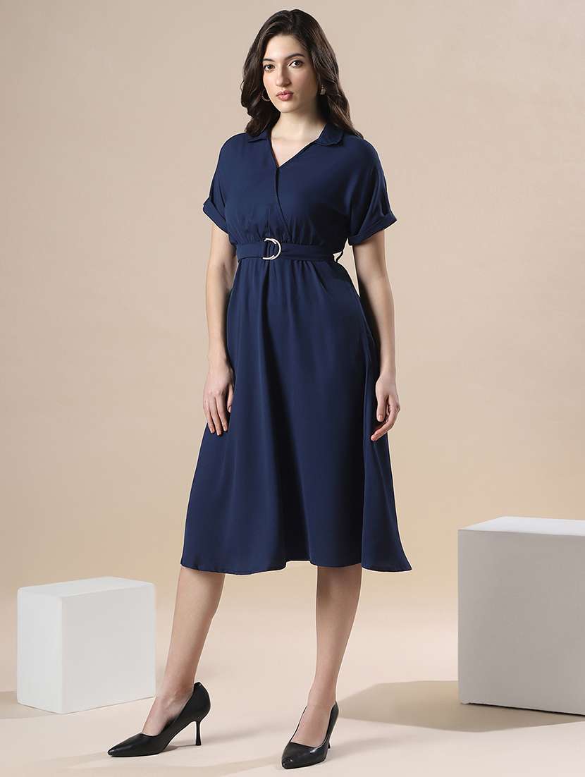 globus women navy v-neck extended sleeve belted detail fit & flare work wear midi dress - 22141411 -  Standard Image - 1