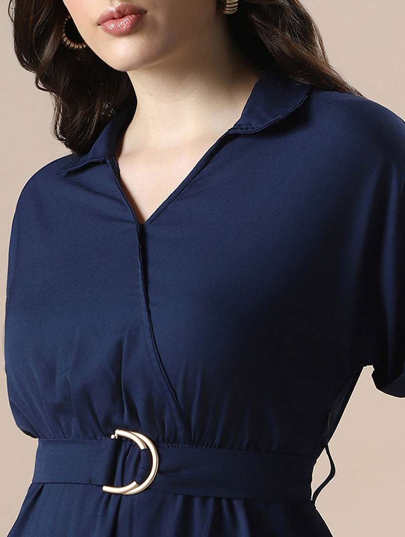 globus women navy v-neck extended sleeve belted detail fit & flare work wear midi dress - 22141411 -  Standard Image - 4