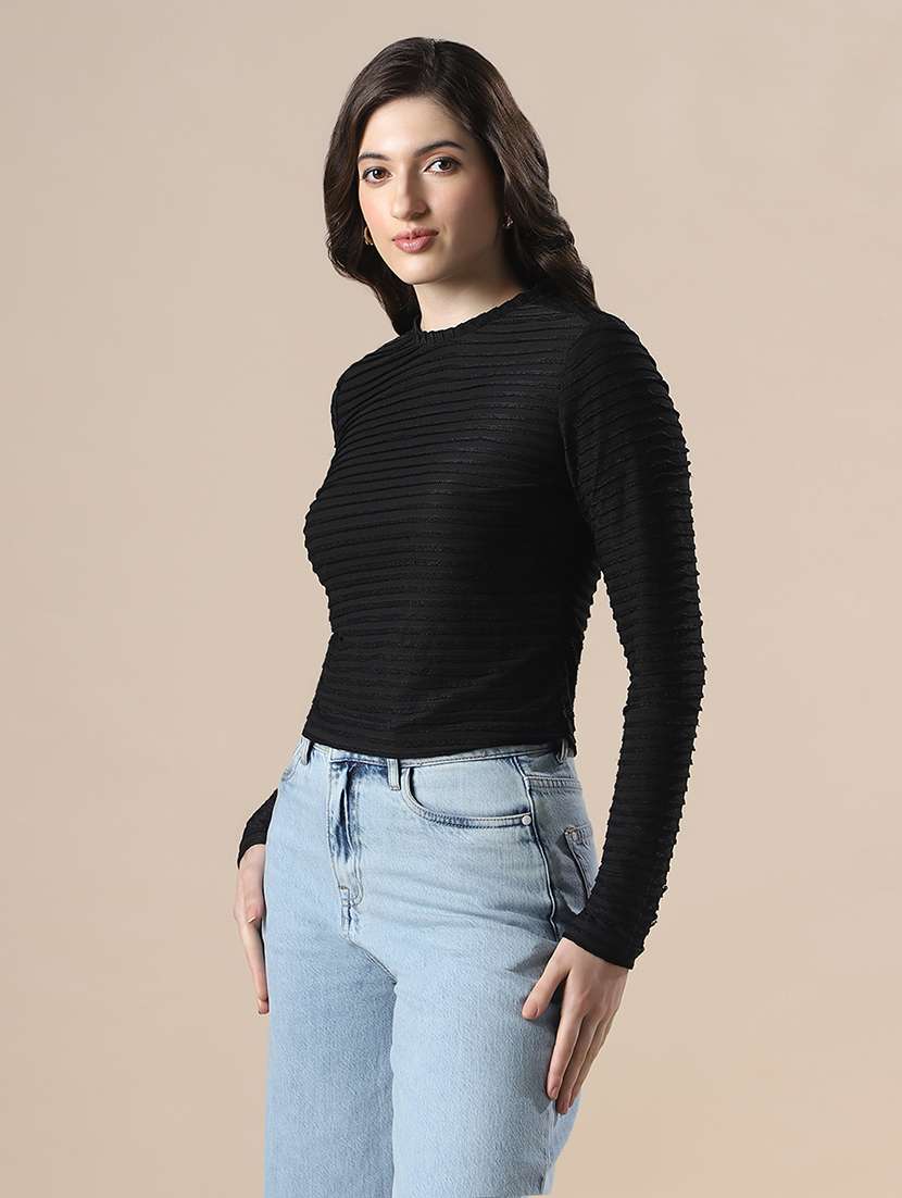 globus women black self design high neck full sleeves knitted top - 22141414 -  Standard Image - 1