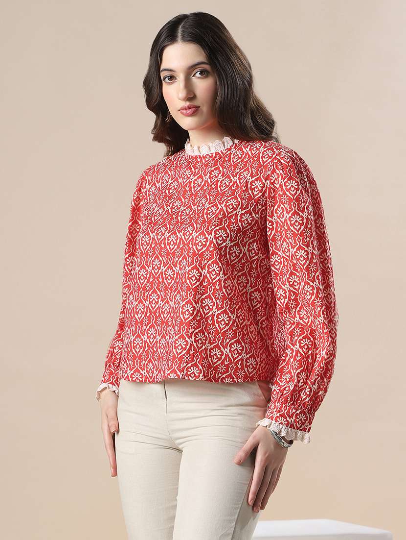 women printed mock neck puff sleeve top - 22141415 - Standard Image - 1