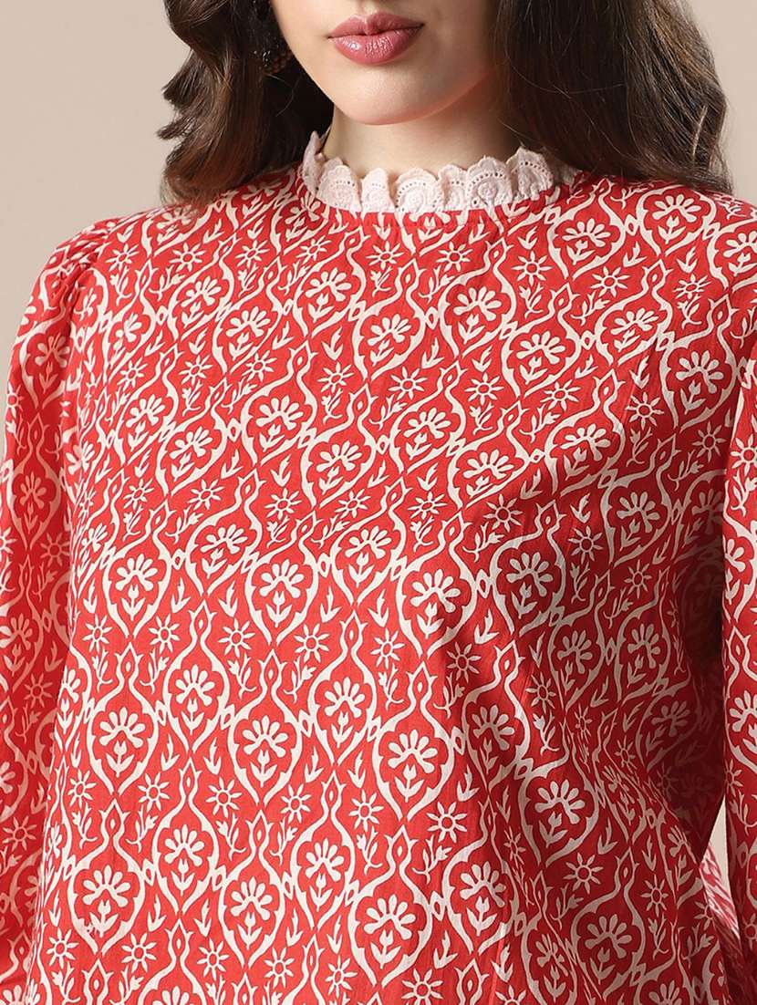 women printed mock neck puff sleeve top - 22141415 - Standard Image - 4