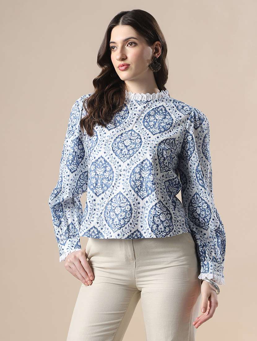 globus women blue all over floral print bishop sleeves high neck lace detail party top