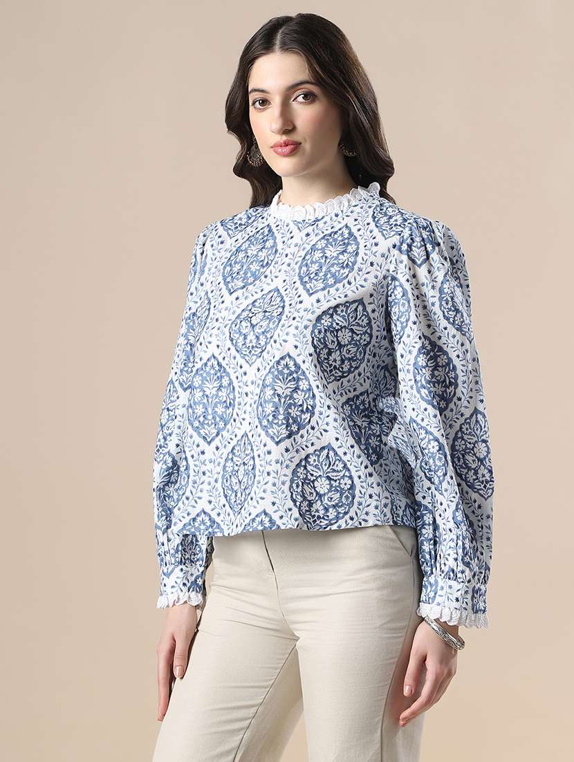 women printed mock neck puff sleeve top - 22141416 -  Standard Image - 1