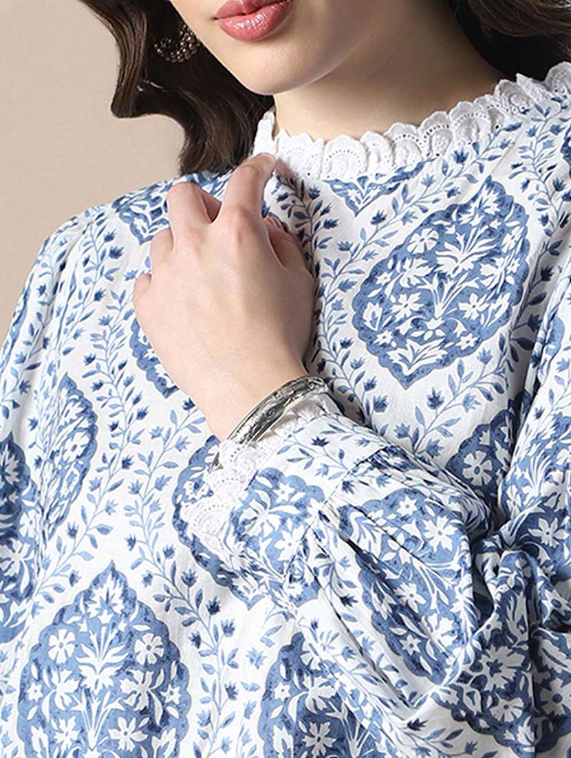 women printed mock neck puff sleeve top - 22141416 - Standard Image - 4