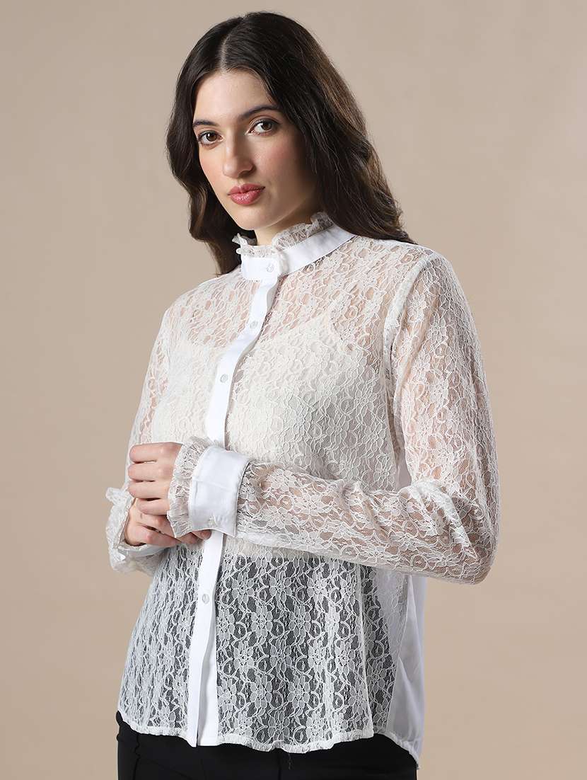 globus women white floral lace self design high neck cuffed sleeves party shirt