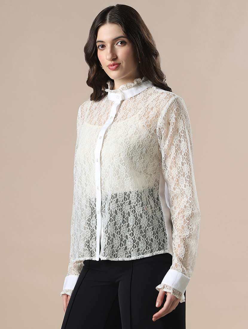 globus women white floral lace self design high neck cuffed sleeves party shirt - 22141419 -  Standard Image - 1
