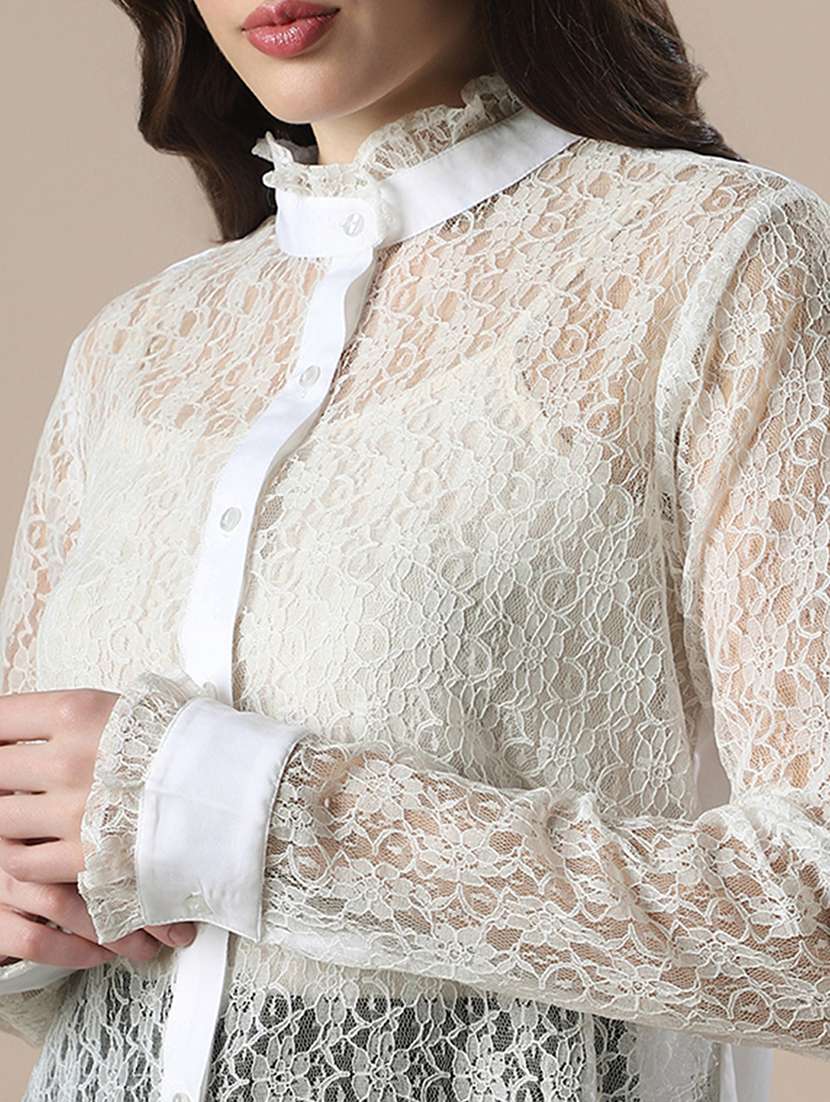 globus women white floral lace self design high neck cuffed sleeves party shirt - 22141419 -  Standard Image - 4