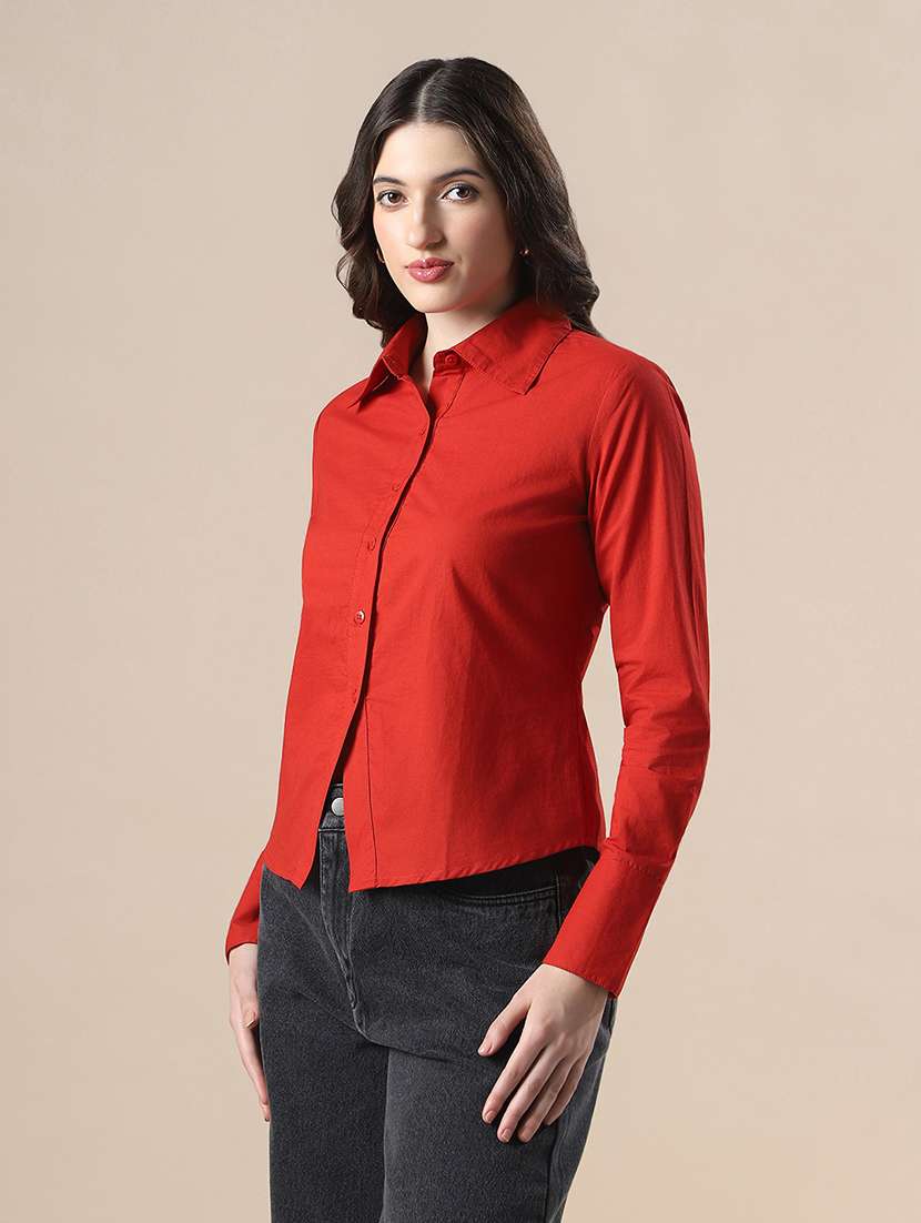 women solid collared long sleeve back tie shirt - 22141420 - Standard Image - 1