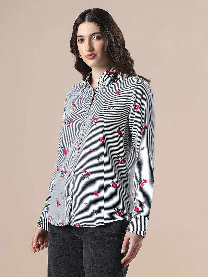 globus women blue striped floral print spread collar cuffed sleeves relaxed fit workwear shirt - 22141421 -  Standard Image - 1