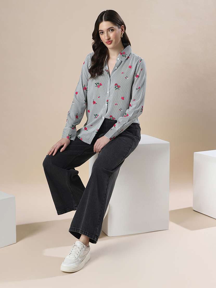 globus women blue striped floral print spread collar cuffed sleeves relaxed fit workwear shirt - 22141421 -  Standard Image - 4