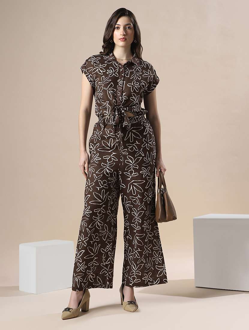 globus women brown floral print collared neck extended sleeves tie ups & cut out details flared jumpsuit - 22141422 -  Standard Image - 1