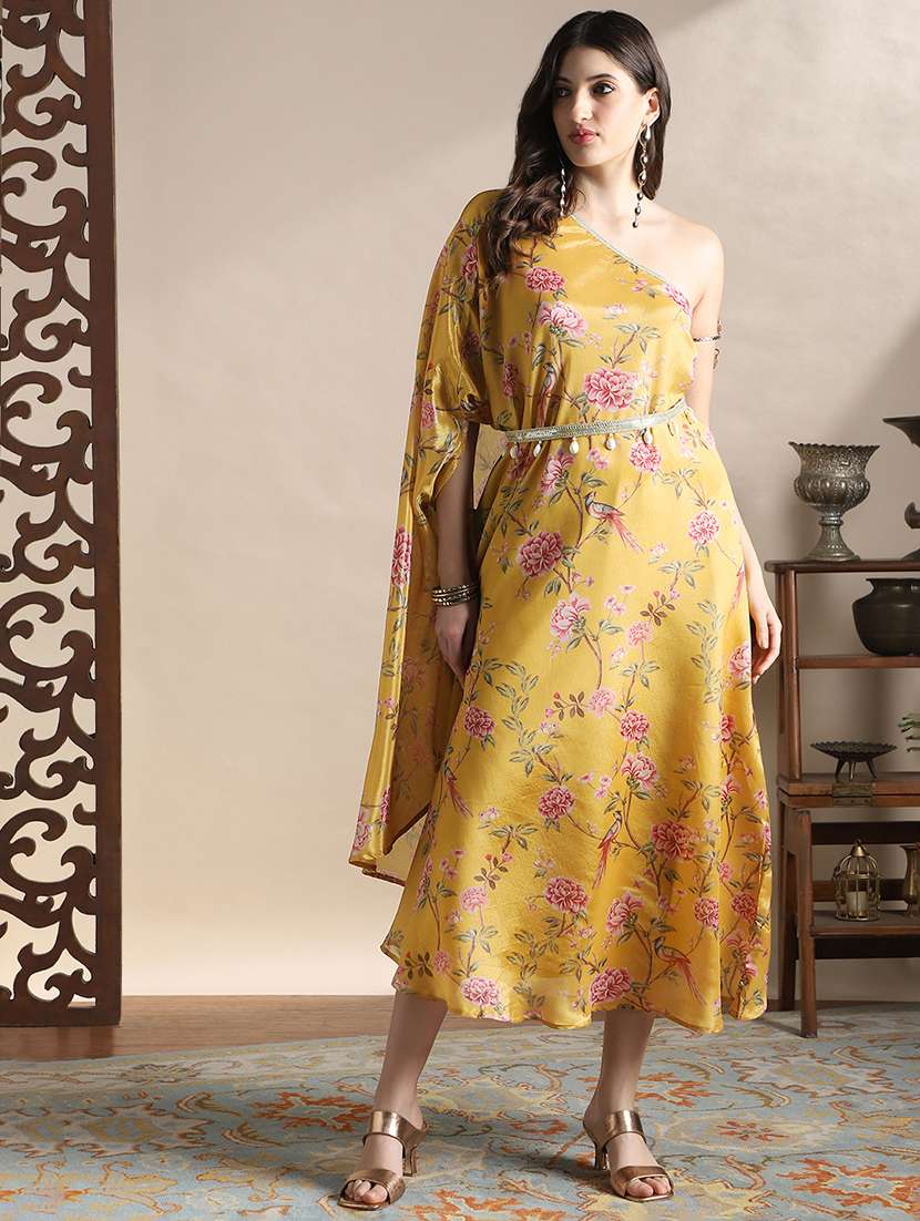 globus women yellow one shoulder floral print lace detail high-low hem maxi fusion kaftan dress with belt - 22141424 -  Standard Image - 1