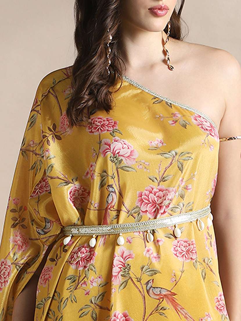 globus women yellow one shoulder floral print lace detail high-low hem maxi fusion kaftan dress with belt - 22141424 -  Standard Image - 4