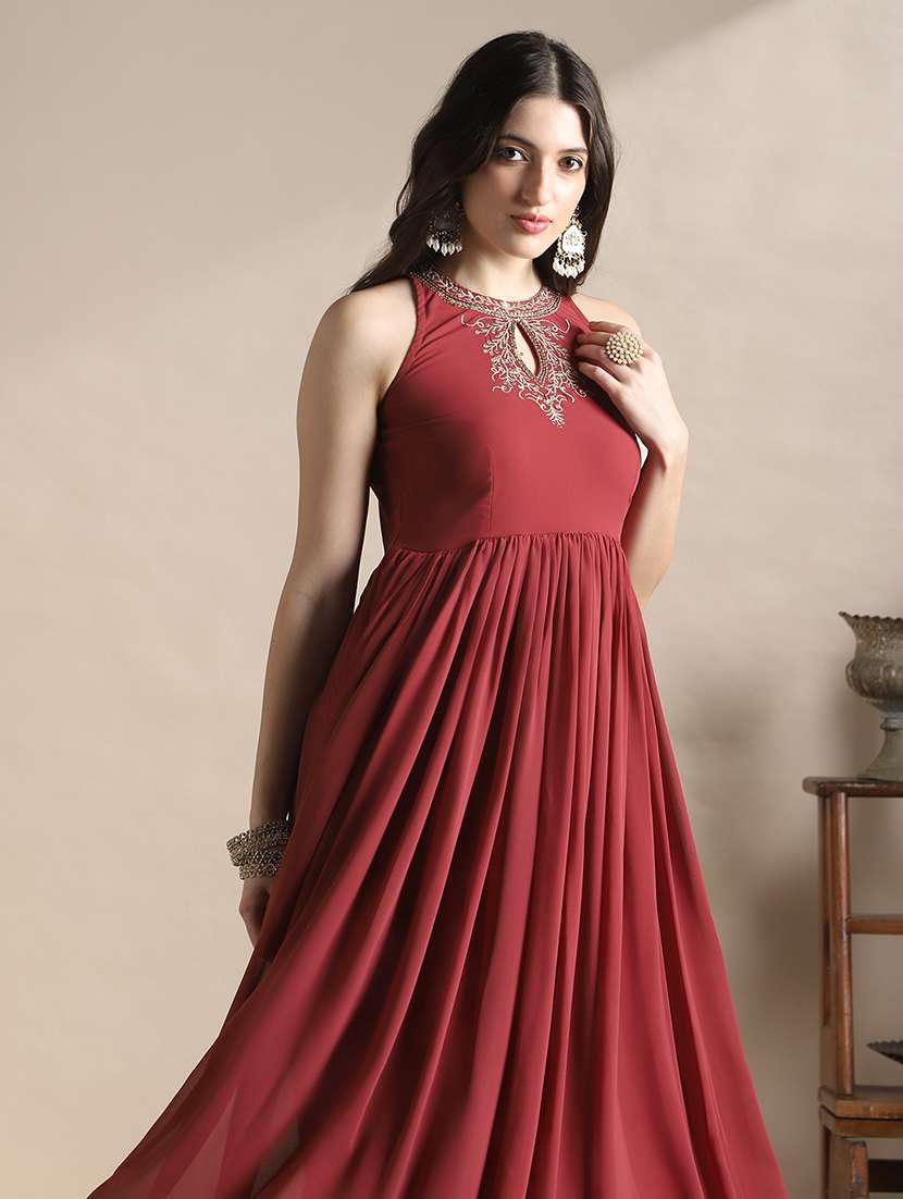 globus women rust halter keyhole neck sequinned & embroidered detail gathered maxi flared festive dress - 22141425 -  Standard Image - 1