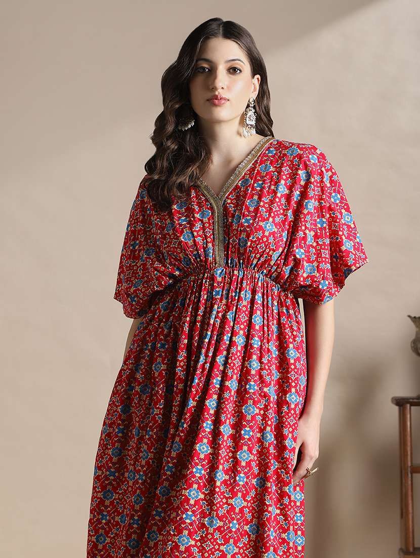 globus women fuchsia v-neck kimono sleeves ethnic print lace detail fit & flare midi fusion dress - 22141426 -  Standard Image - 1