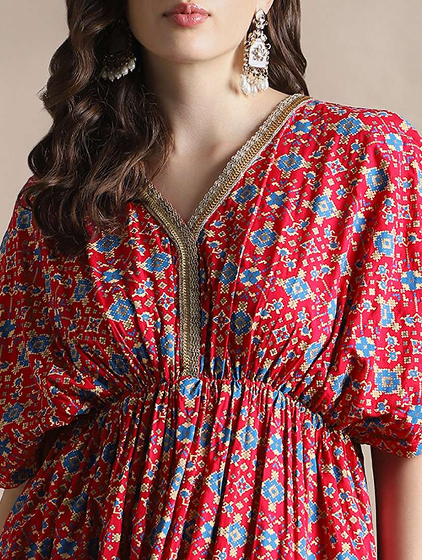 globus women fuchsia v-neck kimono sleeves ethnic print lace detail fit & flare midi fusion dress - 22141426 -  Standard Image - 4