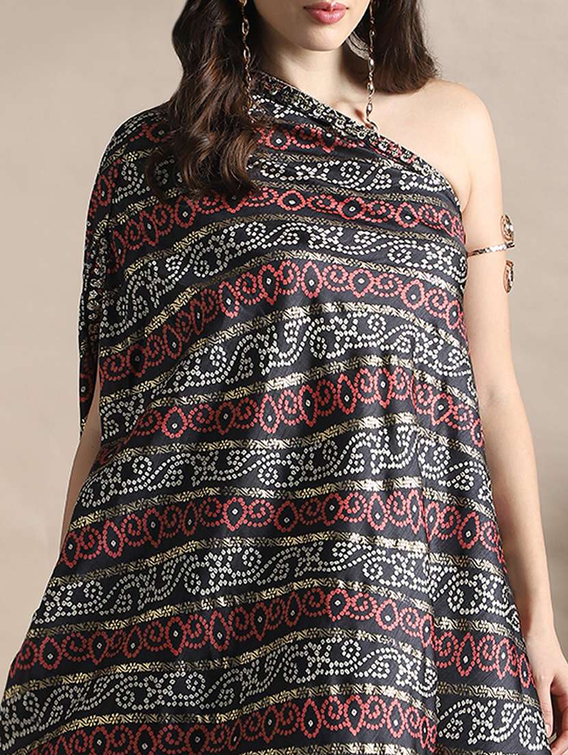 globus women black one shoulder extended sleeves asymmetric hem bandhani printed kurta with flared palazzos fusion coords set - 22141428 -  Standard Image - 4