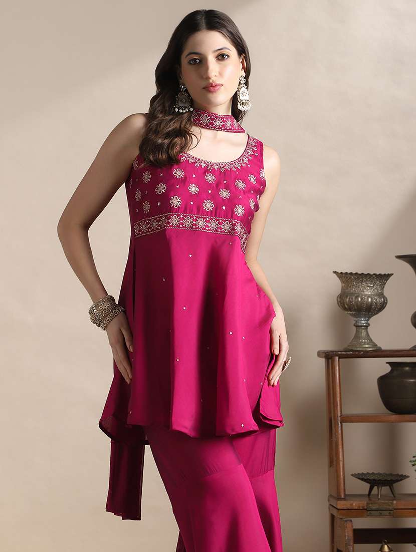 globus women fuchsia sequin embroidered yoke flared hem tunic with sharara & chocker dupatta festive set - 22141430 -  Standard Image - 1
