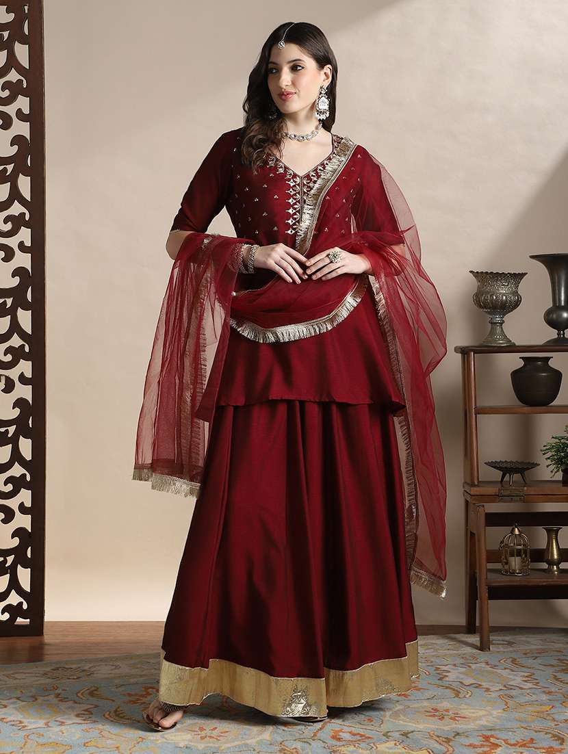 globus women maroon sequin embroidered yoke v-neck tunic with gotta lace flared hem skirt & fringed lace dupatta festive set