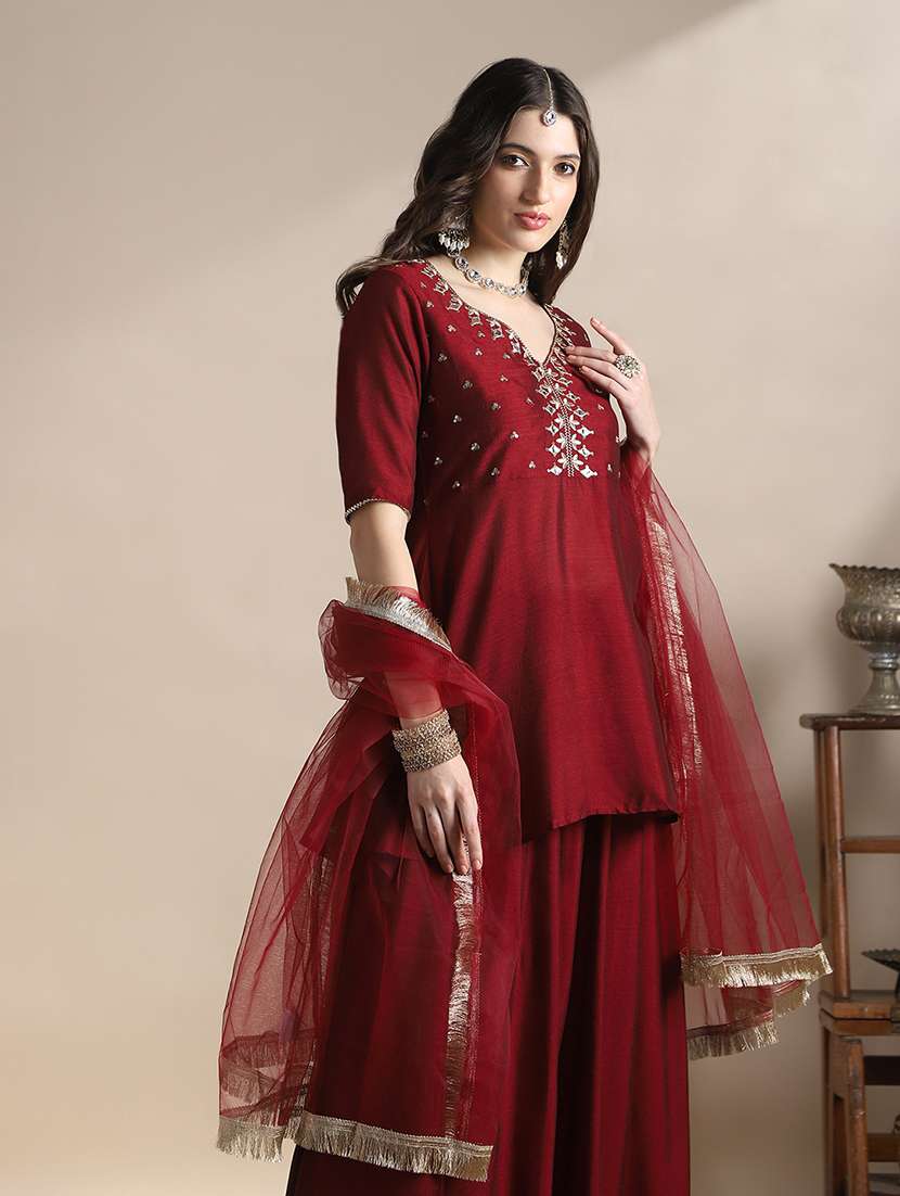 globus women maroon sequin embroidered yoke v-neck tunic with gotta lace flared hem skirt & fringed lace dupatta festive set - 22141431 -  Standard Image - 1