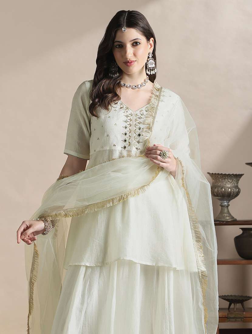 globus women off-white sequin embroidered yoke v-neck tunic with gotta lace flared hem skirt & fringed lace dupatta festive set - 22141432 -  Standard Image - 1