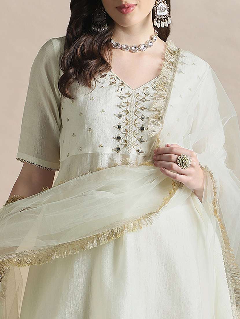 globus women off-white sequin embroidered yoke v-neck tunic with gotta lace flared hem skirt & fringed lace dupatta festive set - 22141432 -  Standard Image - 4