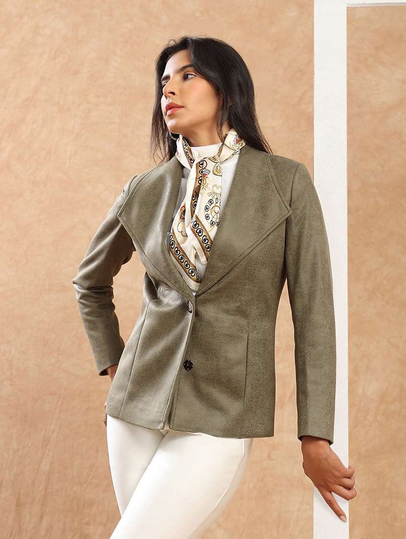 globus women olive shawl collar long sleeves self design suede 2 pockets soft functional winterwear overcoat - 22141433 -  Standard Image - 1